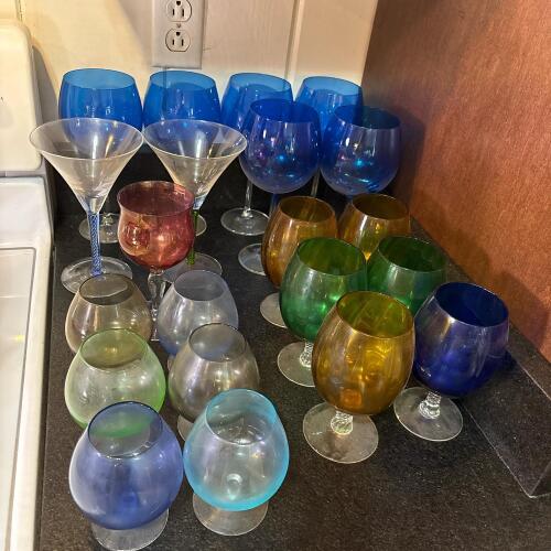 Assorted Vintage Colored Stemware and Cocktail Glasses