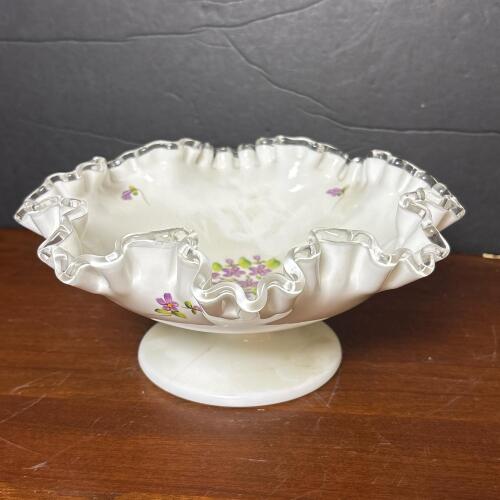 Ruffled Edge Milk Glass Compote Bowl with Floral Motif