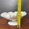 Ruffled Edge Milk Glass Compote Bowl with Floral Motif - 7