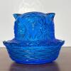 Blue Glass Owl Covered Basket Dish