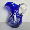 Cobalt Blue Glass Pitcher with Applied Handle and Enamel Decoration