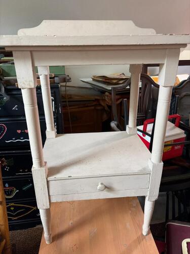White Painted Wooden Side Table With Drawer, Turned Legs
