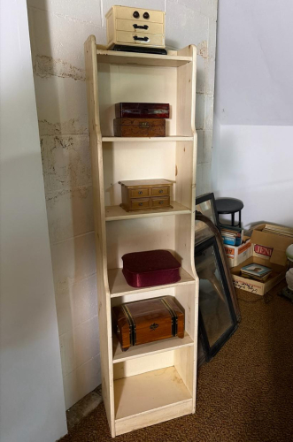 Tall Narrow Shelf with Assorted Vintage Jewelry Boxes
