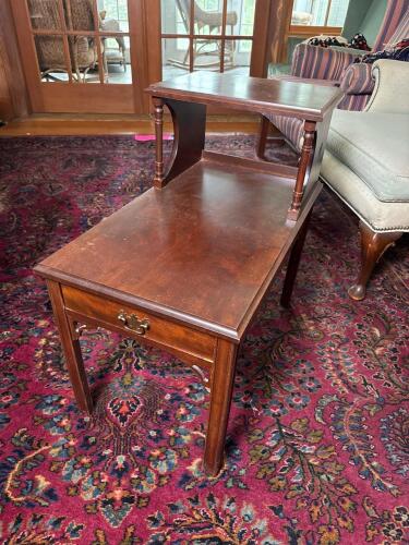 Two-Tier Mahogany Veneer End Table with Drawer