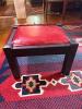 Arts and Crafts-Style Upholstered Footstool with Red Cushion