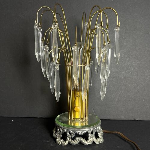Vintage Crystal Prism Brass Waterfall Boudoir Lamp