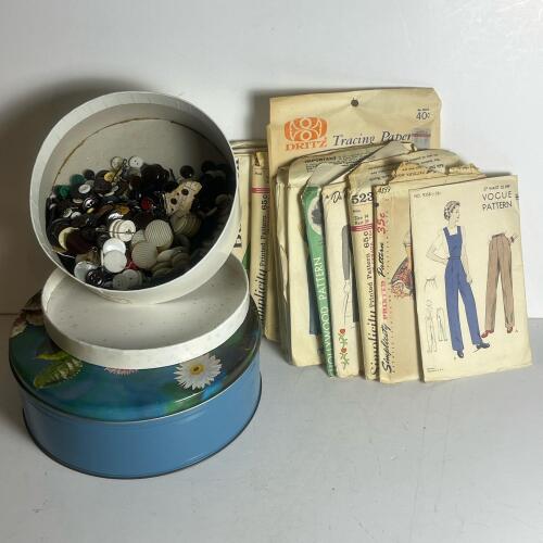 Vintage Sewing Patterns, Buttons, and Needle Books Assortment