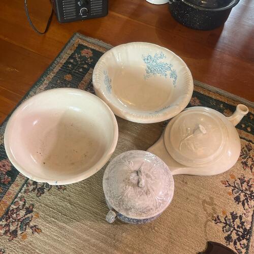 Antique Ironstone Mixing Bowls and Chamber Pot Assortment