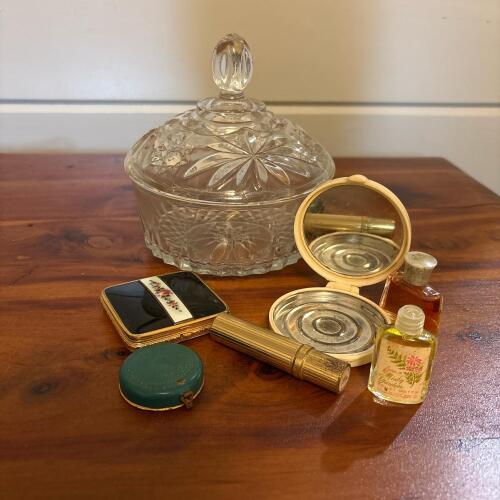 Vintage Glass Vanity Jar With Perfume Bottles and Compacts