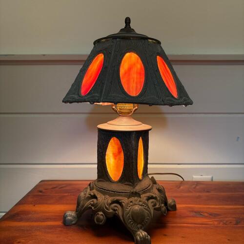 Vintage Slag Glass and Ornate Cast-Metal Table Lamp