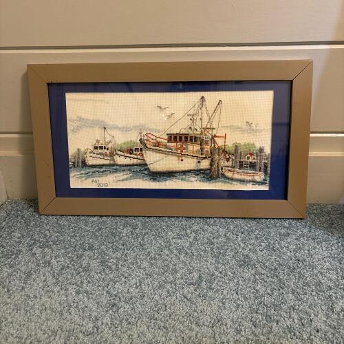 22.75" x 12.75" Framed Nautical Needlework Harbor Scene, Signed Pat 2013