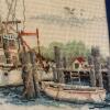 22.75" x 12.75" Framed Nautical Needlework Harbor Scene, Signed Pat 2013 - 5