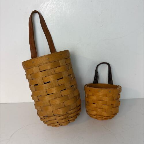 Two Longaberger Handwoven Hanging Baskets With Leather Handles