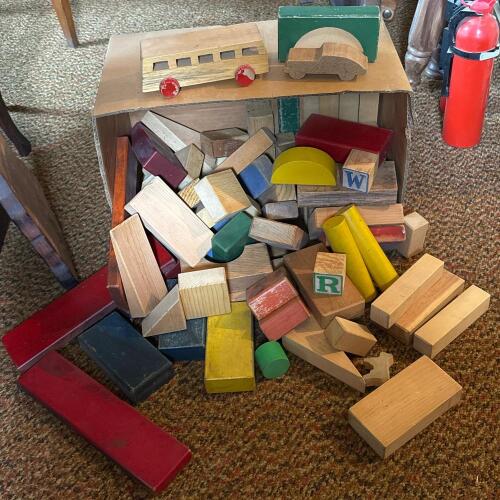 Vintage Playskool Wooden Toy Blocks and Vehicles