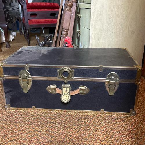 Vintage Black Steamer Trunk with Brass Hardware