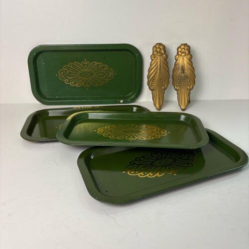 Four Decorative Metal Trays and Two Ornate Brass Tone Wall Brackets