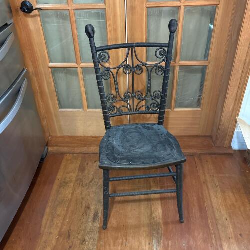 Vintage Wood and Rattan Side Chair with Embossed Leather Seat