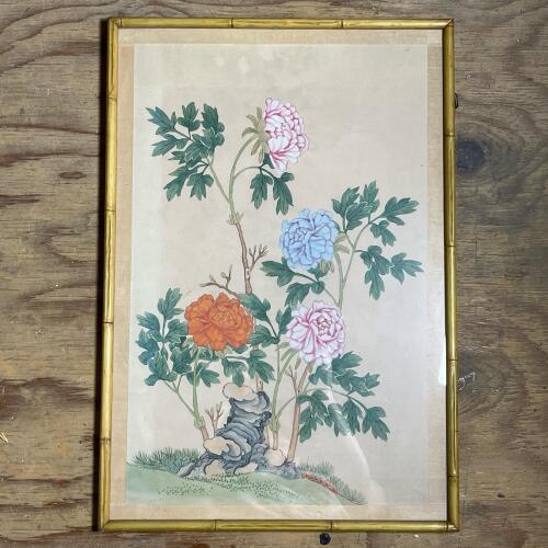Framed Floral Painting in Asian-Style Bamboo Frame 22"x15"