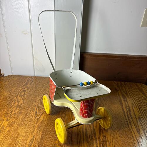 Vintage Ohio Art Toy Stroller Pram in Plaid Tin with Beads
