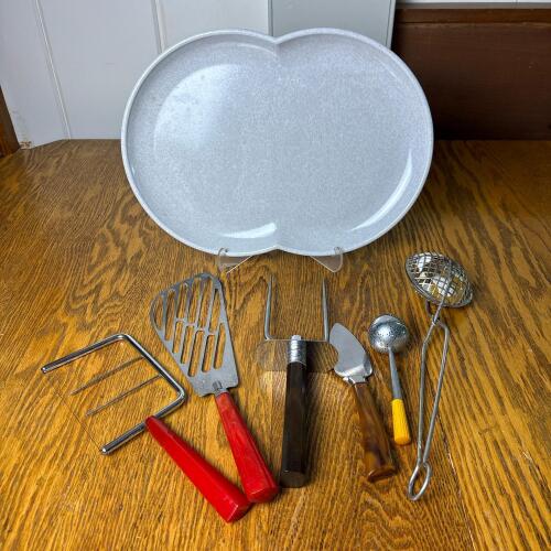 Melmac Color-Flyte Tray with Vintage Kitchen Utensils