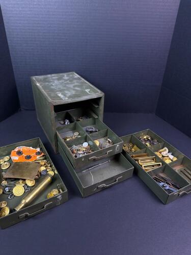 Military Insignia, Buttons, Buckles, and Hardware in Vintage Drawer Cabinet