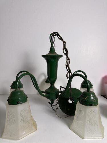Vintage Five-Arm Green Metal Chandelier