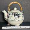 Porcelain Three-Legged Teapot with Rooster Motif and Wicker Handle - 6