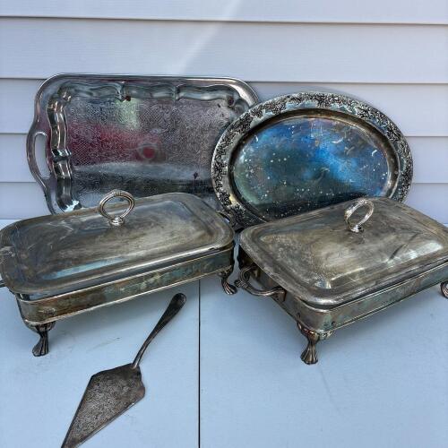 Assorted Silver-Plated Serving Pieces, Trays, and Chafing Dishes