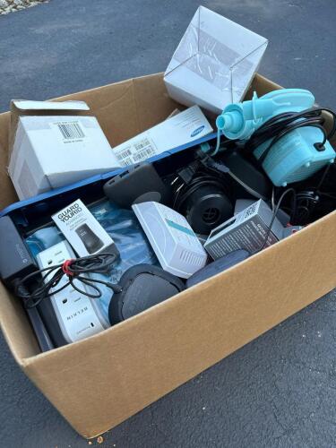 Box of Mixed Electronics, Security Stamps, and Accessories