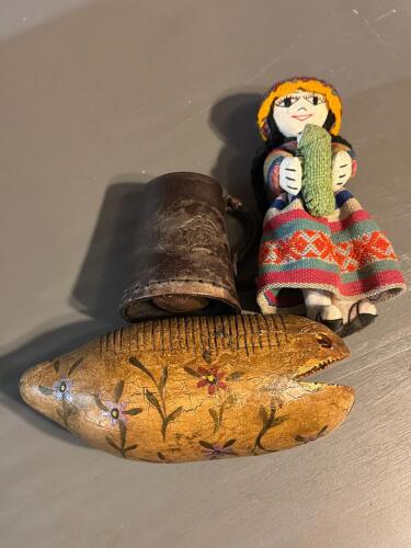 Leather Tankard, Painted Folk Instrument, and Doll