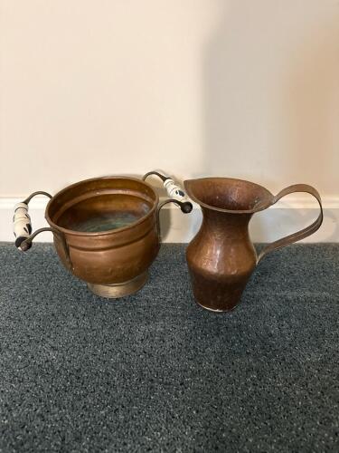 Copper Jardiniere and Hammered Copper Pitcher
