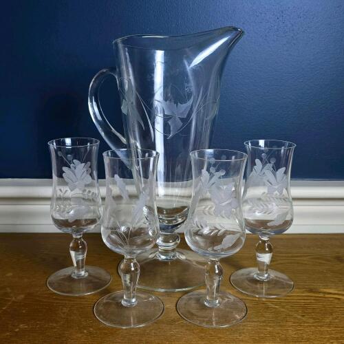 Etched Glass Pitcher with Matching Floral Goblets