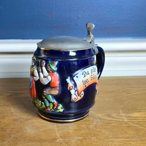 West German Pottery Beer Stein with Pewter Lid, Relief Decor