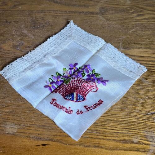 Embroidered Souvenir de France Handkerchief with Lace Trim