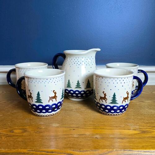 Polish Pottery Boleslawiec Reindeer Mugs and Pitcher Set