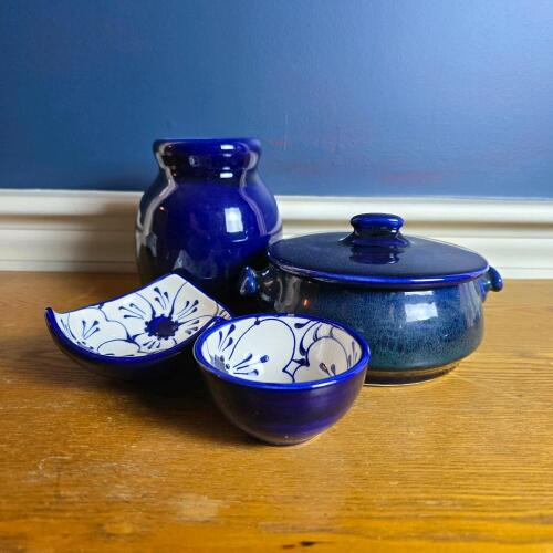 Assorted Blue Pottery Vessels and Bowls