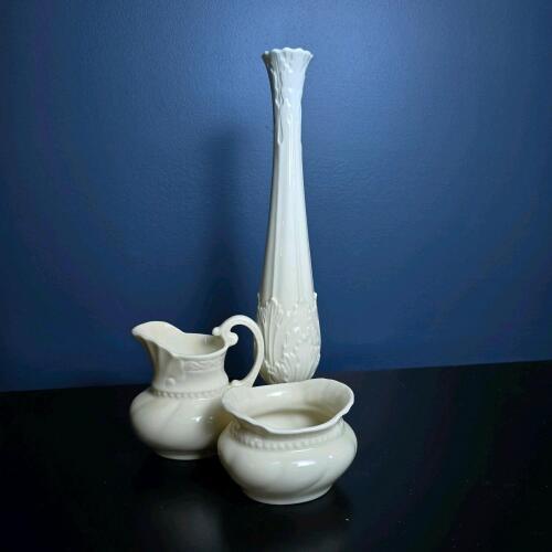 Lenox Ivory Porcelain Vase, Creamer, and Sugar Bowl
