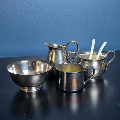 Reed & Barton Silverplate Baby Cups, Bowl, Creamer, Sugar
