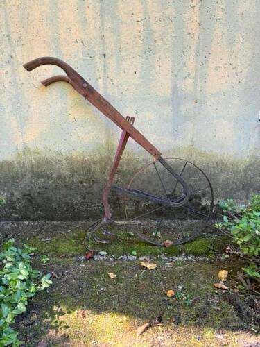 Antique Push Cultivator Garden Tool with Iron Wheel