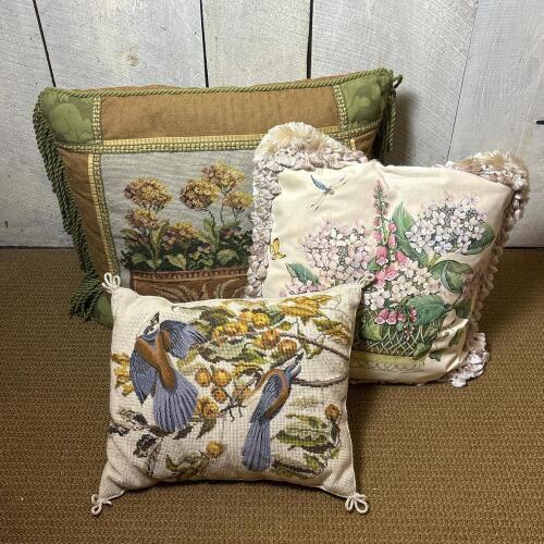 Trio of Decorative Floral and Bird Needlepoint Style hrow Pillows