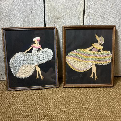 Pair of 10.75" x 13" Vintage Framed Ribbon Dress Art