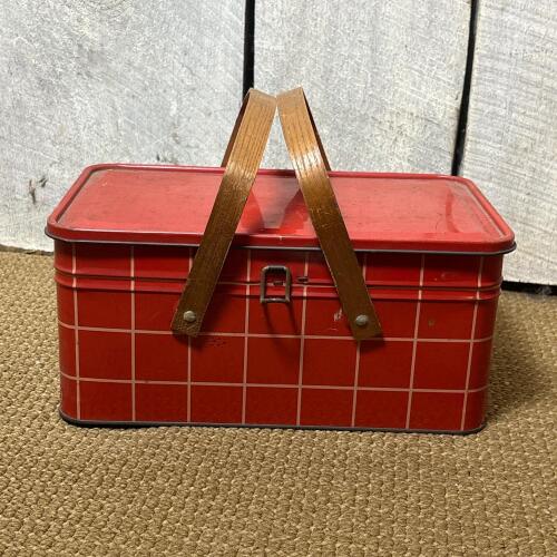 Vintage Plaid Metal Picnic Basket-Style Lunch Box