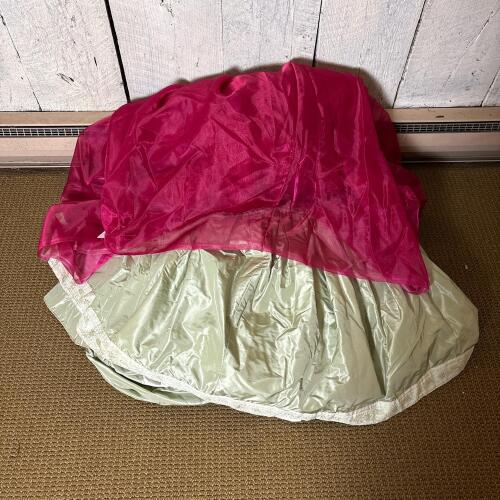 Pair of Bed Skirts - Sheer Pink and Sage Green Fabric