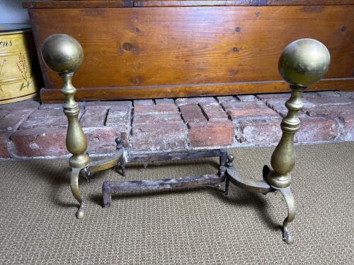Brass Andirons with Ball Finials in Colonial Revival Style