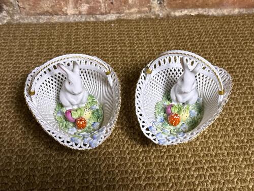 Pair of Moga Porcelain Rabbit Baskets Hand Painted Romania