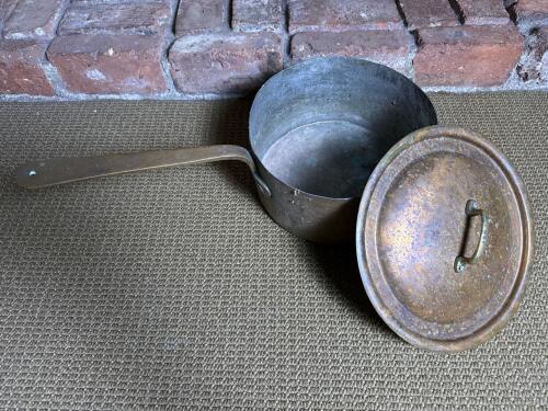 Vintage Copper Saucepan with Lid and Brass Handle