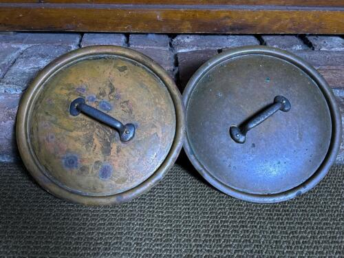 Pair of Antique-Style Brass Pot Lids with Iron Handles