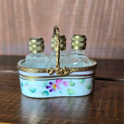 Limoges France Porcelain Perfume Bottles in Floral Basket