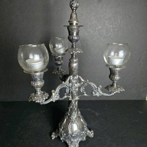 Ornate Three-Arm Silver-Style Candelabra with Glass Candle Cups