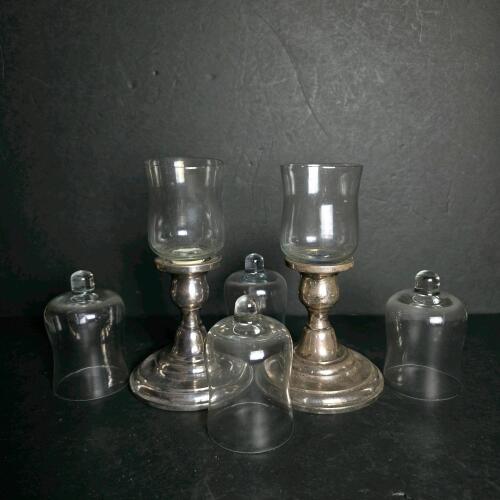 Silver Plate and Glass Hurricane Candle Holders with Glass Domes